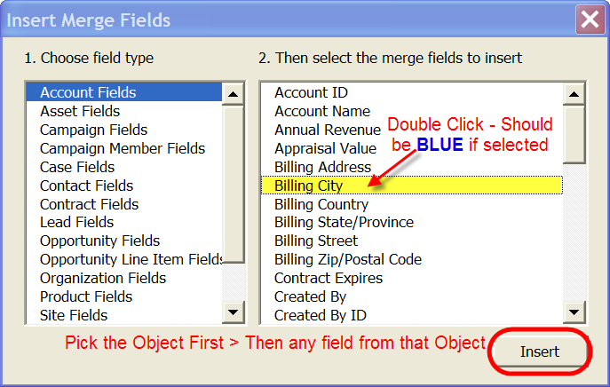 Select Mail Merge field