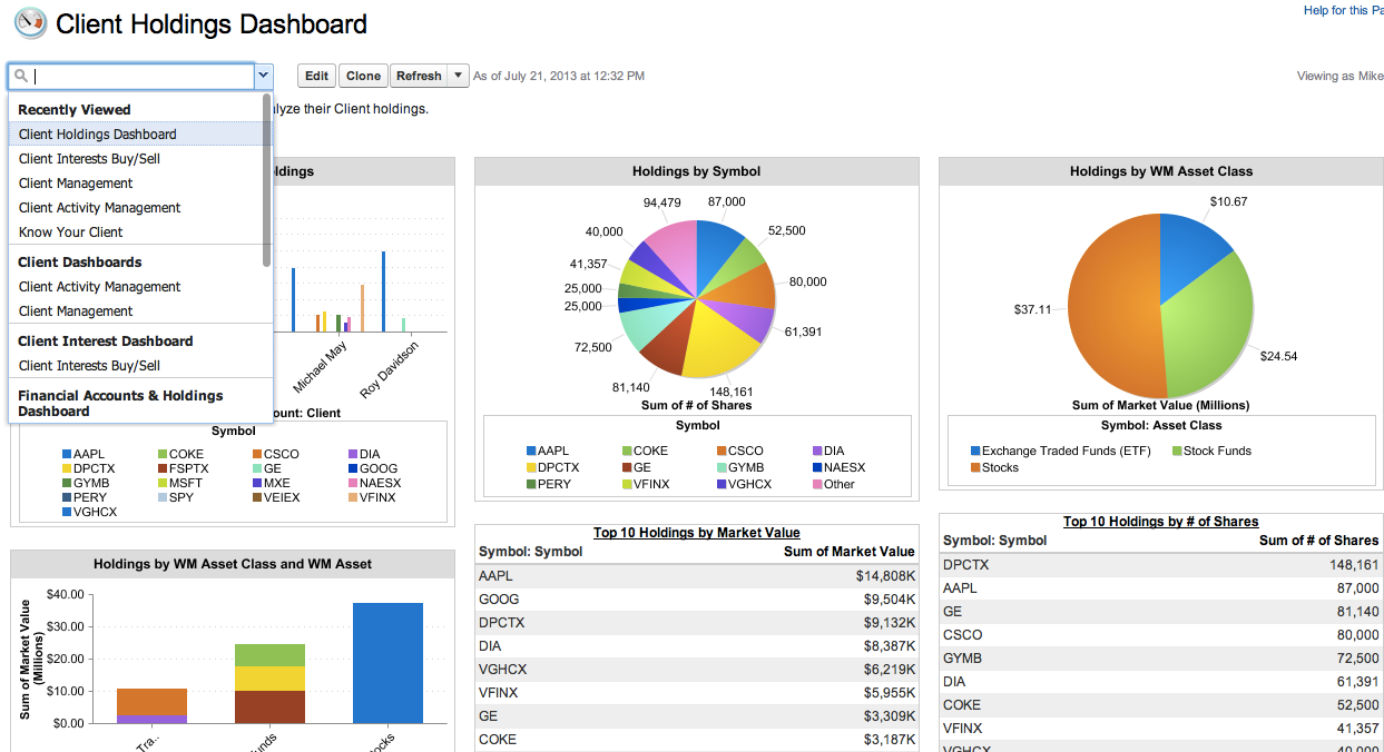 Example Dashboard in Wealth Management App
