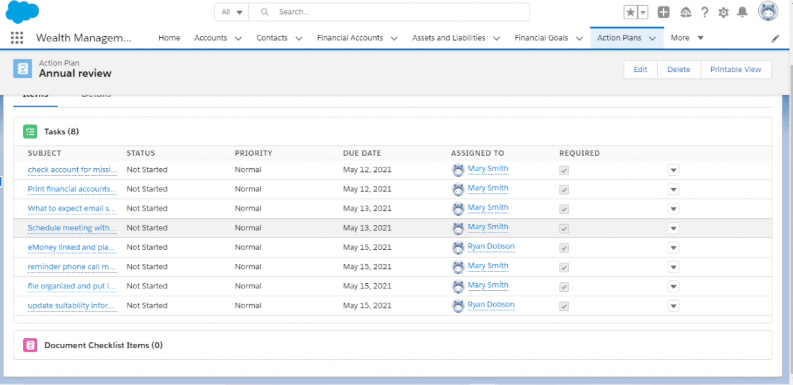 Screen capture of FSC action plans for an annual review process