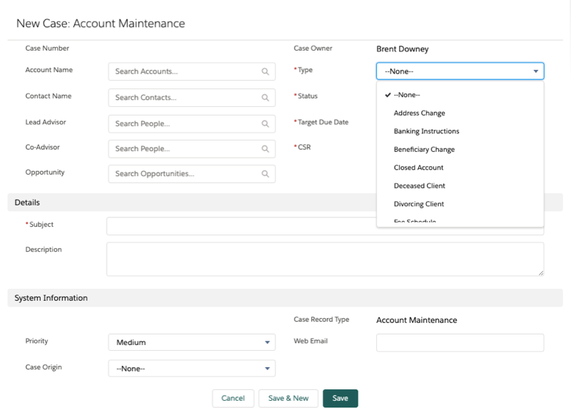 Screen capture for New Account Maintenance showing case type fields for automating services requests in Salesforce using cases