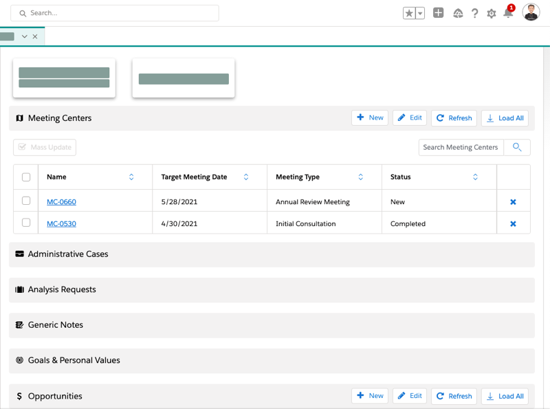 Screen capture of Meeting Centers customization including Name, Target Meeting Date, Meeting Type, and Status.