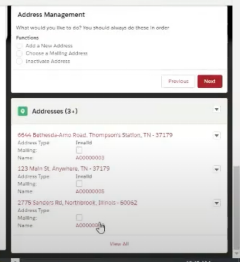 Screen capture showing the three address management options: Add a New Address, Choose a Mailing Address, Inactivate Address