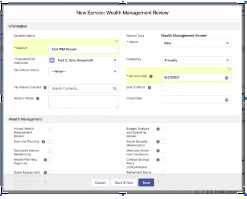 Screen capture showing New Service window for a ShellBlack that wanted to track client interactions related to five planning subject areas. Popup help boxes and checkboxes make it easy for advisors to navigate.