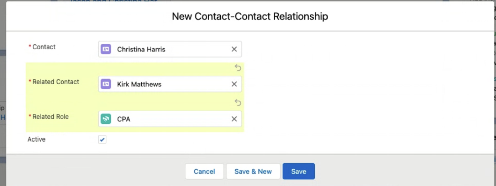 Screen capture showing contact-contact relationship customization in Financial Services Cloud
