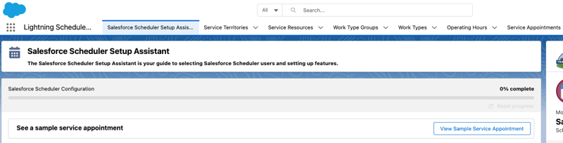 Screen capture of Salesforce Scheduler Setup Assistant, which provides system administrators with step-by-step Scheduler configuration guidance.