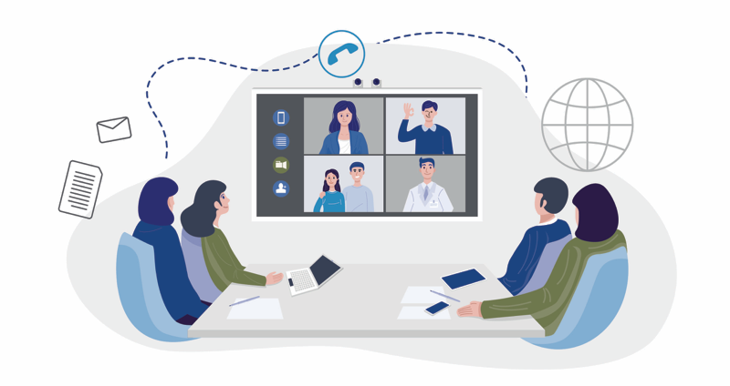 Illustration of four professionals conducting a videoconference with virtual attendees.