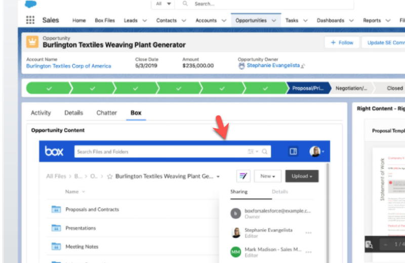 Screen capture showing Salesforce-integrated Box solution for document storage, available on the AppExchange.