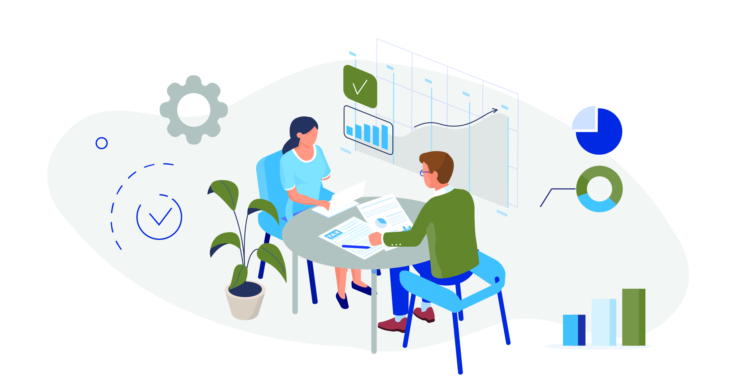 Illustration showing two advisors sitting at a round table; one is looking through reference documents while the other is working on a laptop. Image is portraying wealth technology
