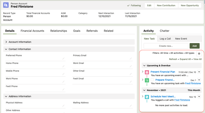 Screen capture of Person Account showing future and past activities. Yet it's just one piece of the puzzle and needs adjustment to provide broader visibility into Household Activities.
