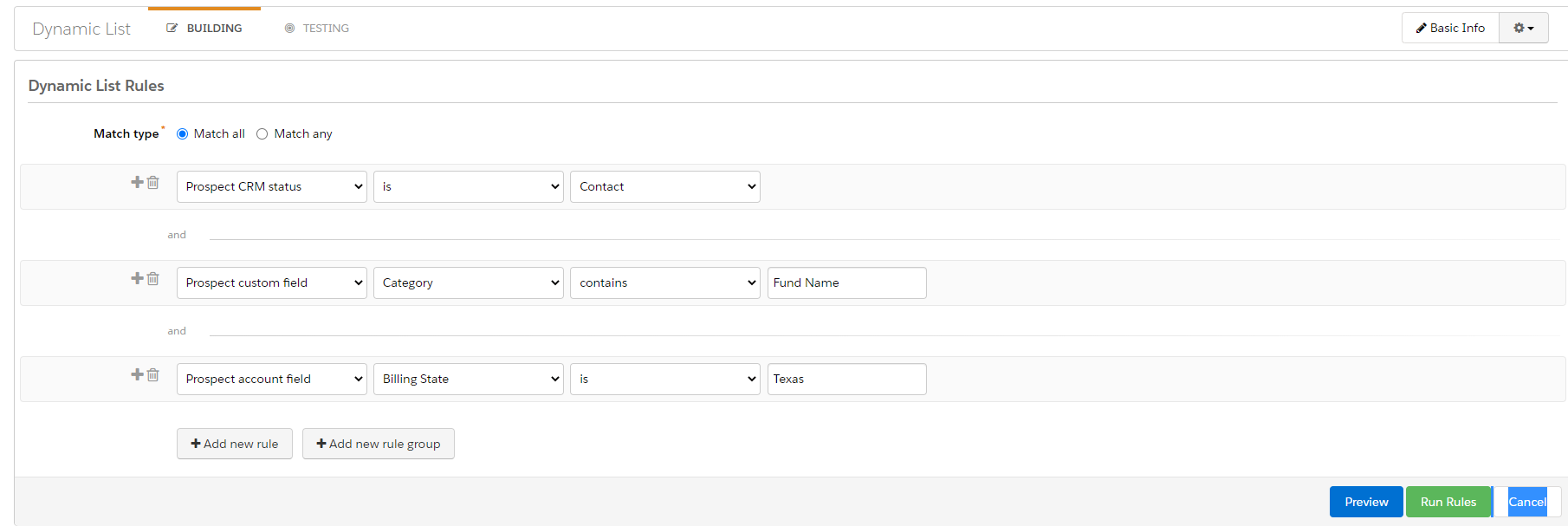 Screen capture showing marketing automation dynamic list rules that can be used to add or remove investors from certain lists according to the specified criteria.