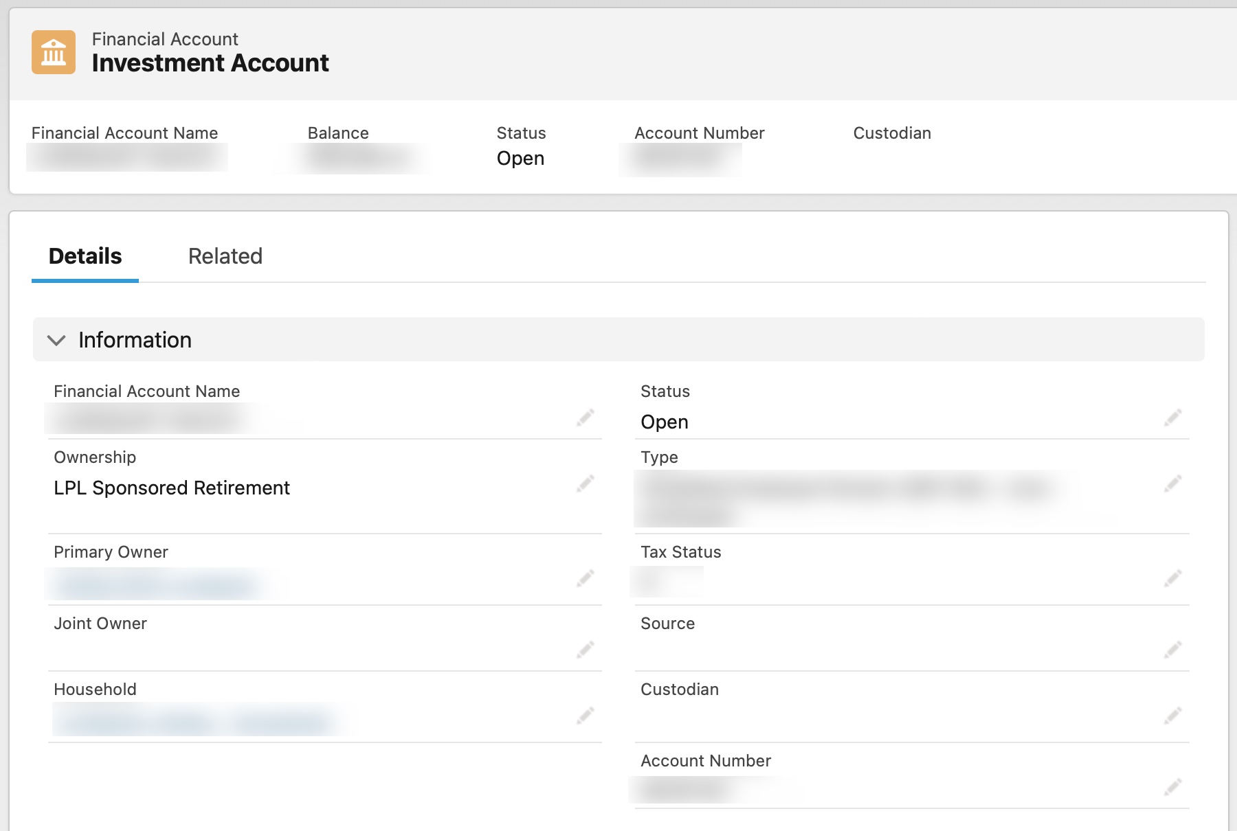 Screen capture of an investment account record showing the kinds of data that can be imported into Salesforce on a daily basis from authorized LPL affiliates.