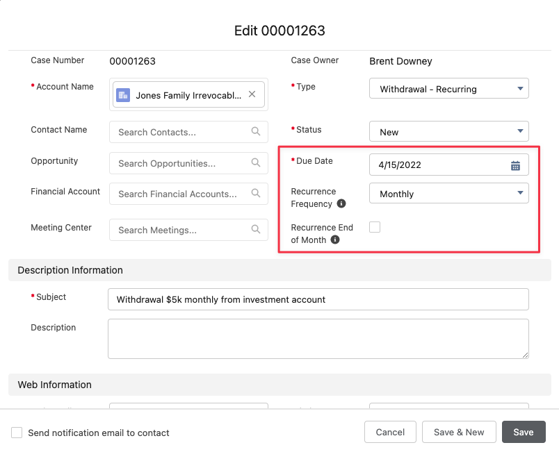 Screen capture showing three key form fields for recurring processes: Due Date, Frequency, and End of Month.