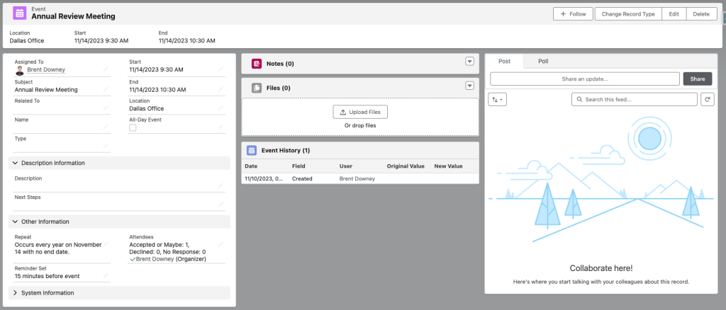 Screen capture showing the Standard Events dashboard being used to set up an annual review meeting. Notes, Files, and Chatter are supported. Outlook integration allows event records to be created automatically.