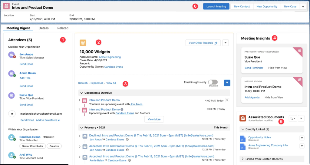 Screen capture showing the Salesforce Meetings dashboard being used to set up an intro and product demo. The Meeting Digest tab houses additional meeting details and context. 