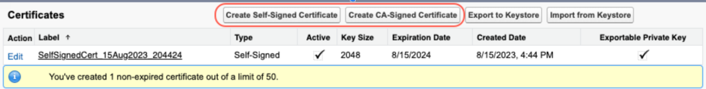 Screen capture showing the two options to manage expiring Salesforce certificates