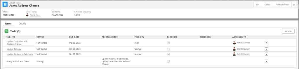 Screen capture showing a Salesforce Action Plan example. 