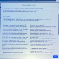 The Household Summary includes a Quick Snapshot, summary of activities over the last 12 months, additional insights based on Household data, a potential meeting agenda, and a list of open tasks due within six months.