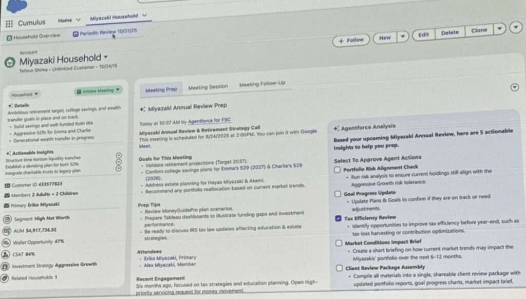 Salesforce slide demonstrating meeting prep using Agentforce Financial Services to analyze a household.