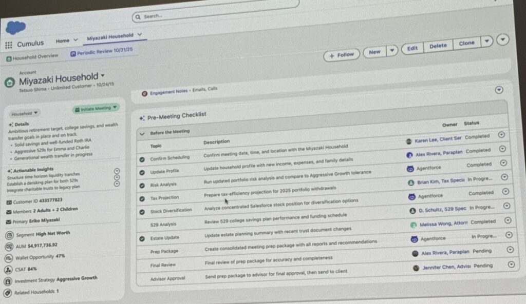 Salesforce slide showing a pre-meeting checklist on a Household record in Salesforce.