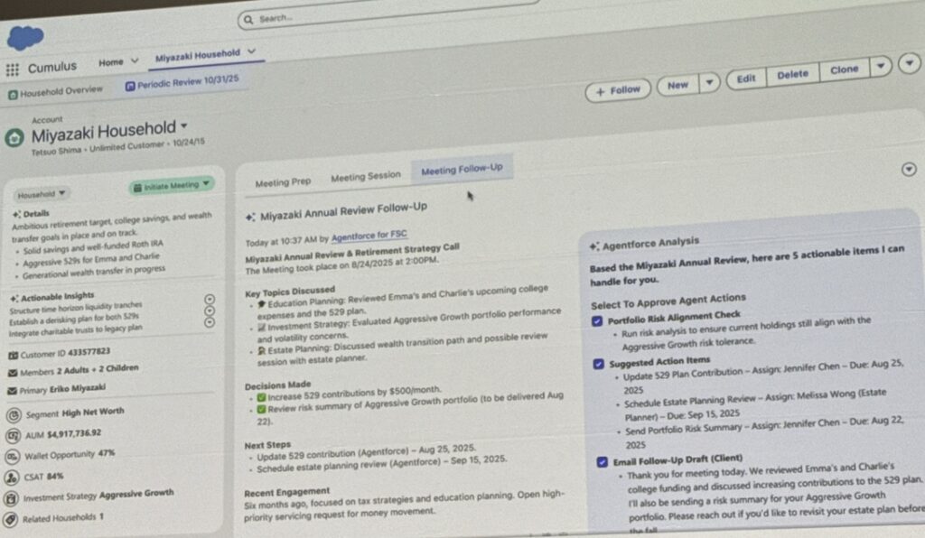 Salesforce slide showing the output from Agentforce analysis in the Meeting Follow-Up tab.