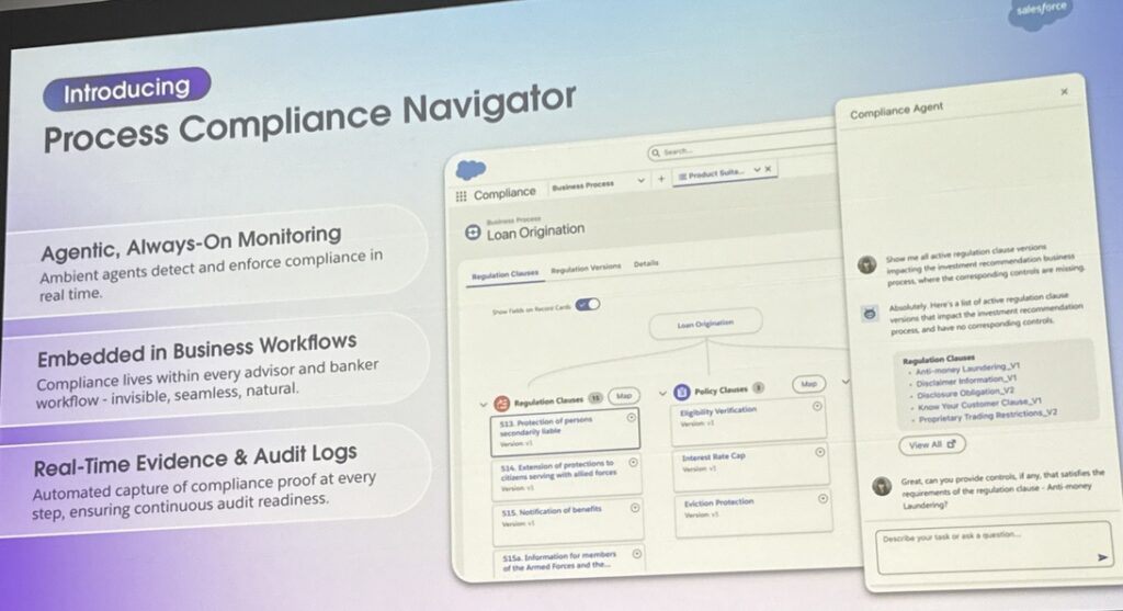 Salesforce slide introducing the Process Compliance Navigator feature, which can monitor, detect, and enforce compliance in real time. It is embedded in business workflows and provides evidence and audit logs.