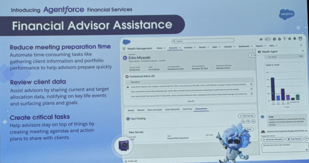 Salesforce slide introducing Agentforce Financial Services as a way to reduce meeting preparation time, surface key life events for clients, and generate agendas and action plans.