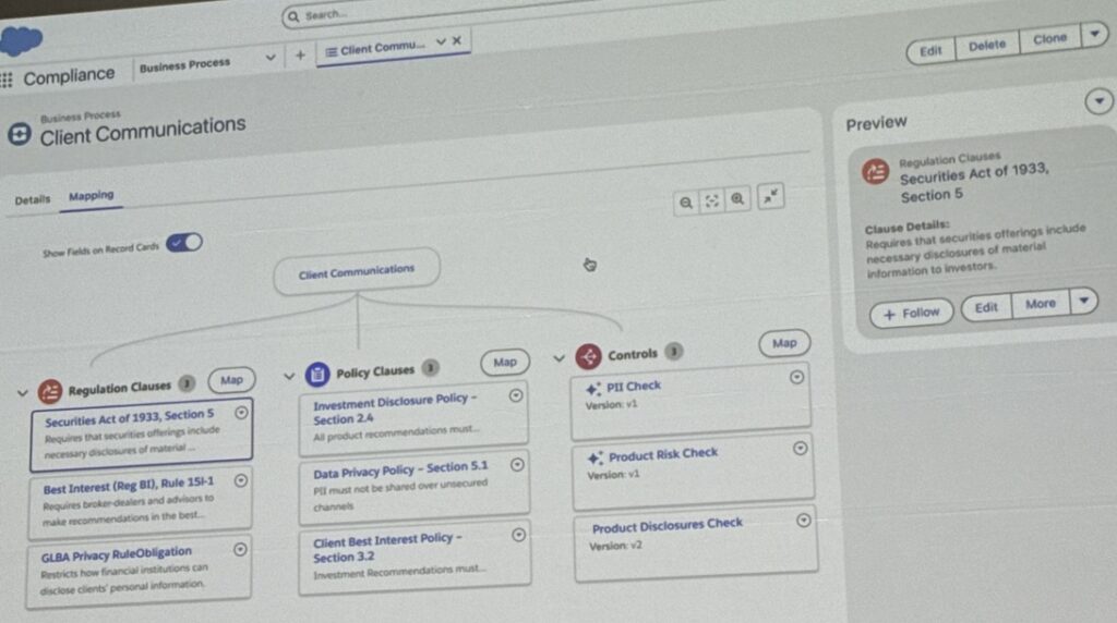 Salesforce slide showing a screenshot of a client communications business process within the Compliance Navigator. It features three columns: Regulation Clauses, Policy Clauses, and Controls.