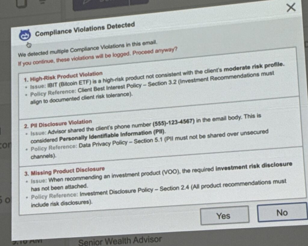  Screenshot showing an example of a compliance violation notification for an email that violated three policies