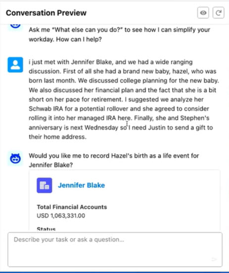 Screenshot showing the interaction between an advisor and an agentforce agent asking if a new life event should be added.