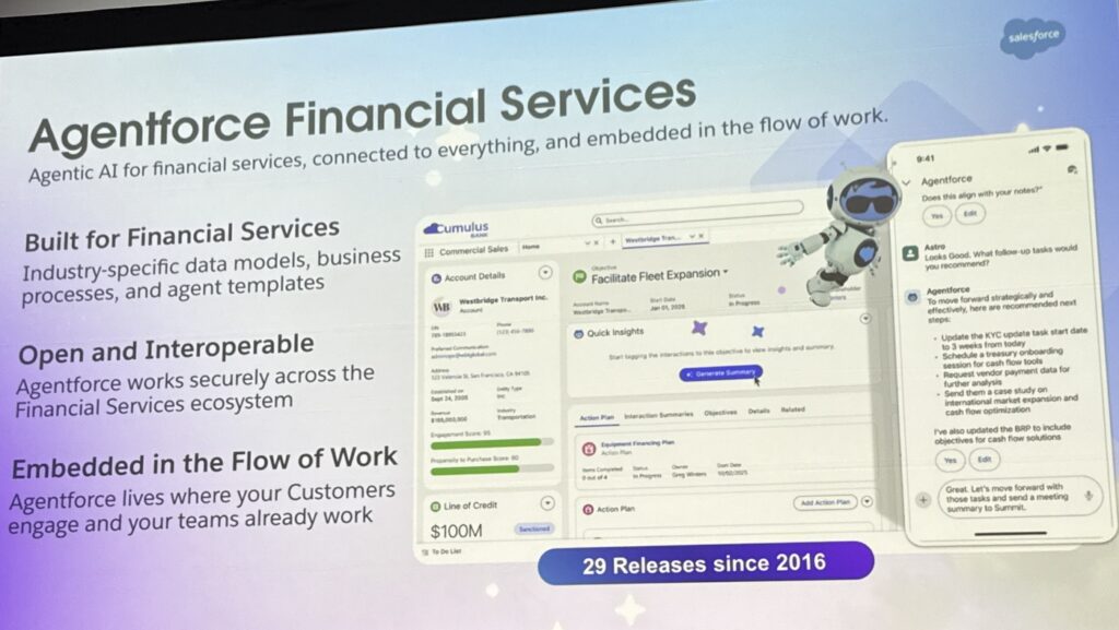 Salesforce slide showing a screen capture of Agentforce Financial Services working securely across the FinServ ecosystem.