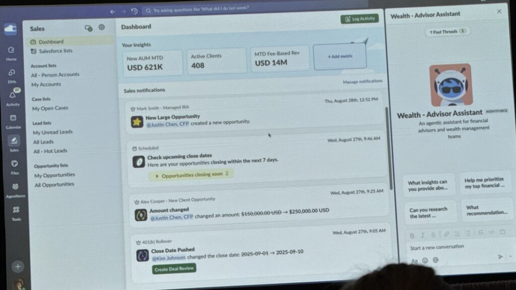 Salesforce slide showing a financial advisor’s desktop using the Slack interface. The image shows a dashboard with various components in the middle, and the AI Advisor Assistant in a panel on the right.