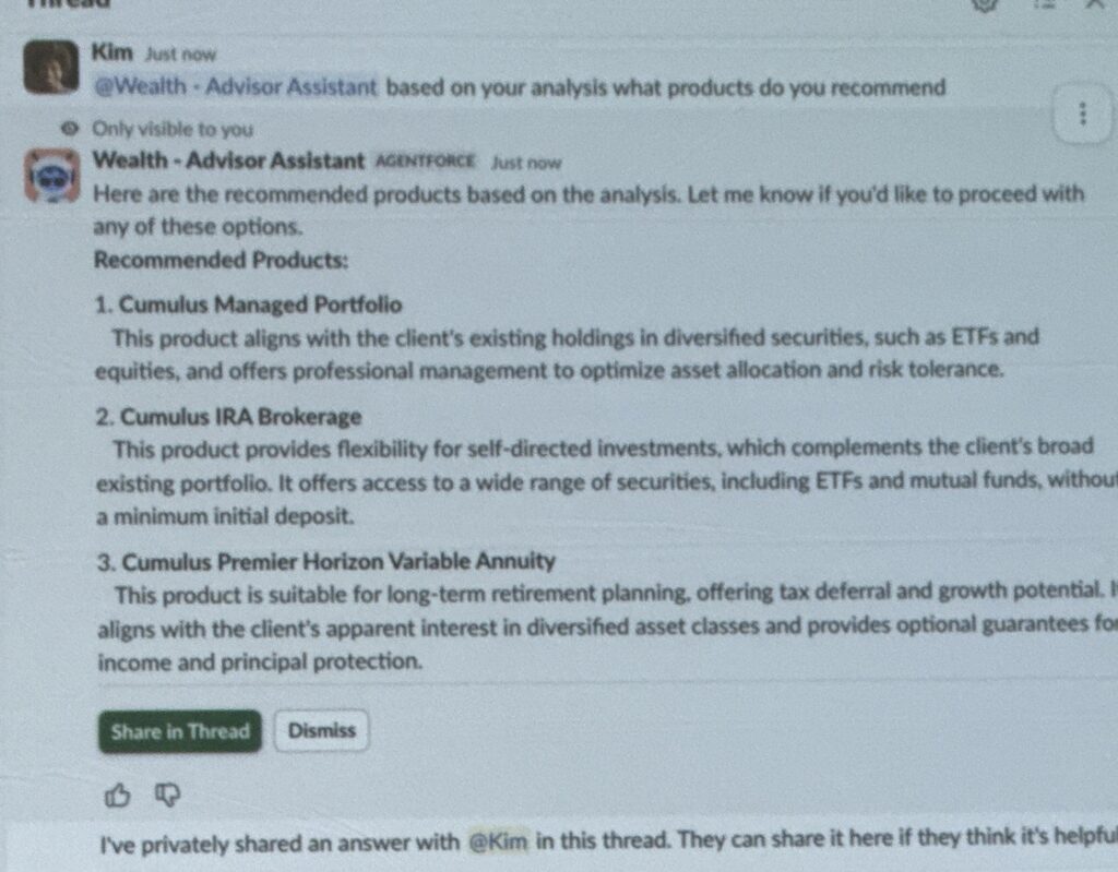 Salesforce slide showing product recommendations to the advisor based on its analysis of the account.