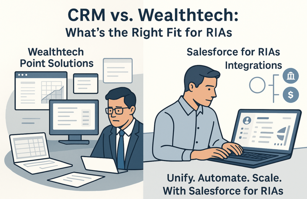 Image of two men. The man on the left is using a Wealthtech solution. He is surrounded by different computers and documents and looks sad. The man on the right is using Salesforce for RIAs to unify, automate, and scale his workflows. He is happy