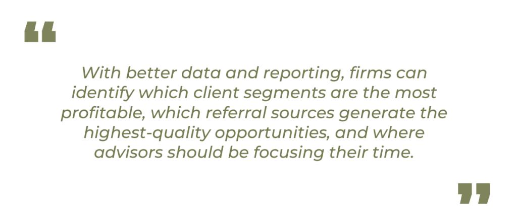 Quote: With better data and reporting, firms can identify which client segments are the most profitable, which referral sources generate the highest-quality opportunities, and where advisors should be focusing their time.